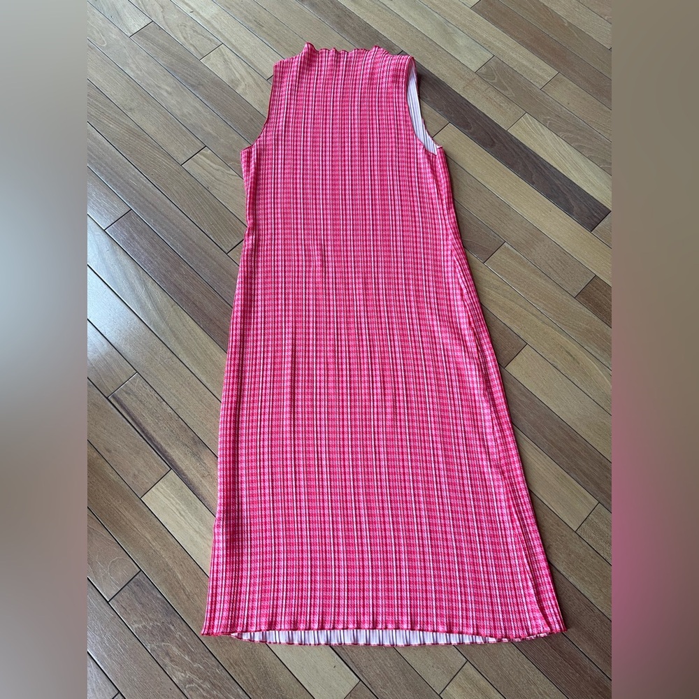 Whistles Pink Houndstooth Plissé Midi Chic Dress Pleated Sleeveless US 16 - Picture 10 of 11